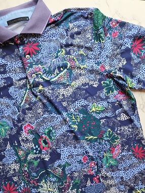 Greyson Navy Floral Dragon In The Wave Golf Polo Shirt M Like New
